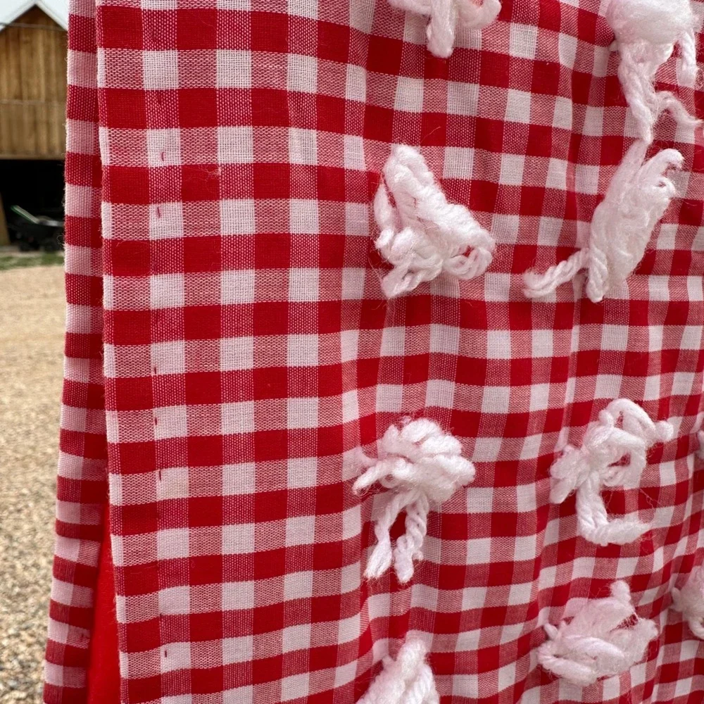 Vintage Hand Quilted Red Gingham Check Embroidery Tufted Blanket Quilt 84x62